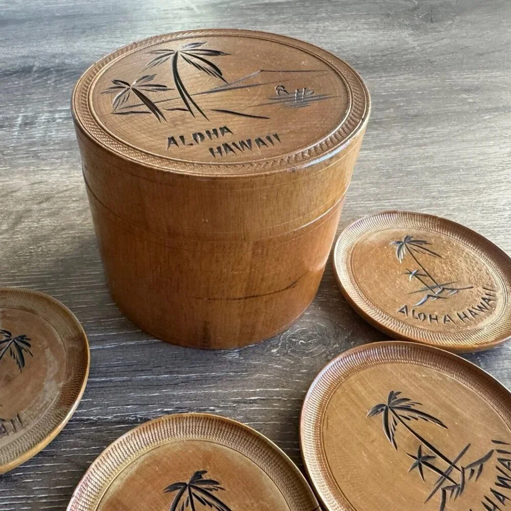 Set of 8 Vintage Wooden Carved Coasters with Container Holder.